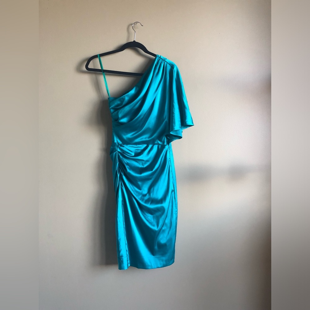NWT Le Chateau Women 1 Shoulder Teal Satin Dress Size XXS